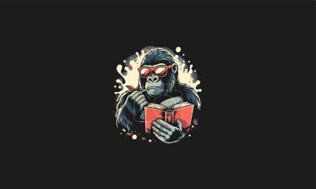 gorille portant verre de soleil lecture livre vectoriel artwork design