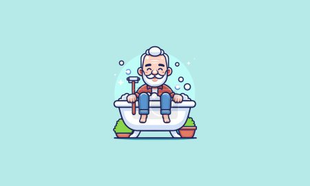 Großvater lächelt über Badewannen-Vektor flaches Design