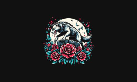 wolf with flowers vector illustration tattoo design
