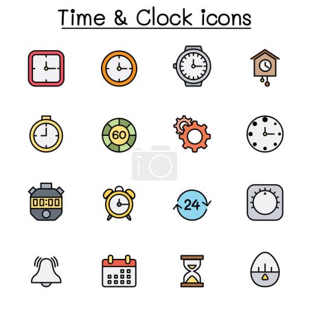 Téléchargez les illustrations : Heure & horloge couleur jeu d'icône de ligne - en licence libre de droit