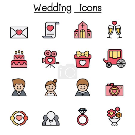 Téléchargez les illustrations : Ensemble d'icône de ligne de couleur de mariage - en licence libre de droit