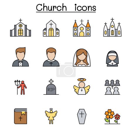 Téléchargez les illustrations : Ensemble d'icônes de couleur église - en licence libre de droit