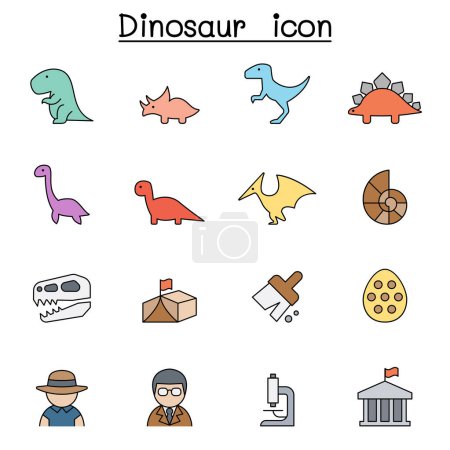 Ilustración de Conjunto de iconos de línea de color de dinosaurio y excavación - Imagen libre de derechos