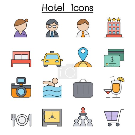 Téléchargez les illustrations : Ensemble d'icône de ligne de couleur hôtel - en licence libre de droit
