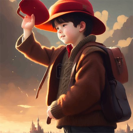 Illustration for Realistic Cute Boy Wearing A Hat and Thick Jacket Waving His Hand with A Pouch On It Illustration Vector Design - Royalty Free Image