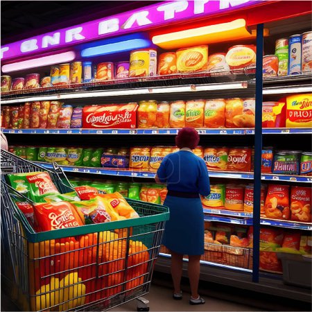 Illustration for This illustration depicts a realistic 3D grocery store with a lady in a blue dress searching for products. Various grocery items are displayed on the shelves in the background. - Royalty Free Image