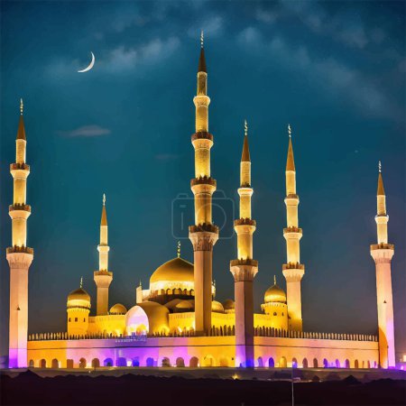 Illustration for This digital artwork features a high-quality, realistic depiction of a majestic mosque with the crescent moon and Milky Way galaxy in the background. The intricate details of the mosque's architecture are highlighted by the lifelike rendering. - Royalty Free Image