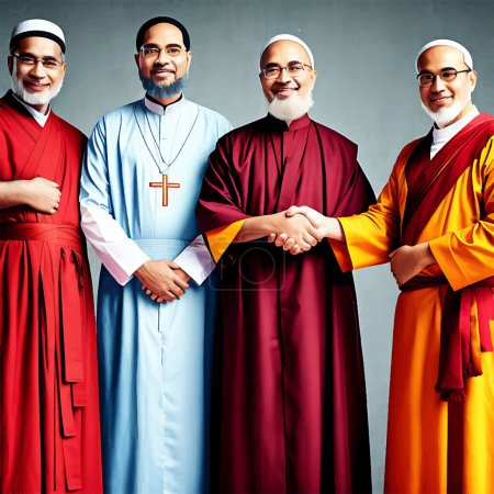 Illustration for This is a digital image that depicts three-dimensional, lifelike renderings of religious leaders from different faiths shaking hands in a gesture of unity and cooperation. The image is designed to convey a message of interfaith harmony and respect - Royalty Free Image