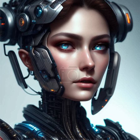 3D Super Realistisches Porträt eines mechanischen Roboters mit Ocean Blue Eyes Illustration