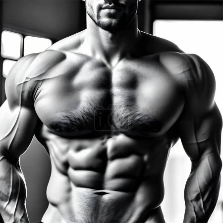 Ilustración 3D realista en blanco y negro de un cuerpo de hombre muscular con Sixpack Abs