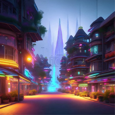 Illustration for 3D Photorealistic Future Neon-lit Village Illustration - Royalty Free Image