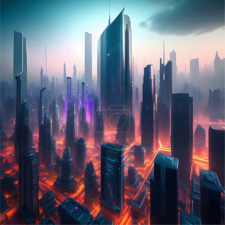 Illustration for 3D Futuristic Neon-lit Skyscrapers Ultra-realistic Illustration - Royalty Free Image