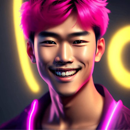 Illustration for 3D Portrait Ultra-realistic Illustration of A Handsome Asian Boy with Thick Eyebrows and Neon-lit Background Illustration - Royalty Free Image