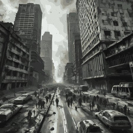 Téléchargez les illustrations : Zombie Apocalypse 3D Illustration surréaliste photoréaliste dans une ville abandonnée - en licence libre de droit