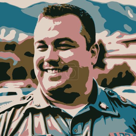 Illustration for Detailed Police Officer Smiling with Mountainous Background - Royalty Free Image