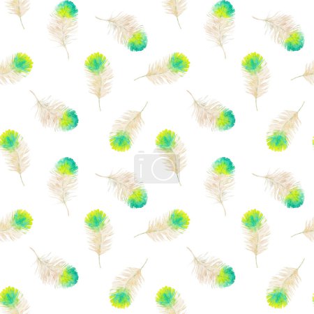 Photo for Beautiful seamless pattern with watercolor green bird feathers. Stock illustration. - Royalty Free Image