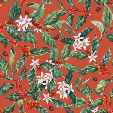 Téléchargez les photos : Beautiful seamless pattern with watercolor coffee branches with white flowers green leaves and red seeds. Stock illustration. - en image libre de droit