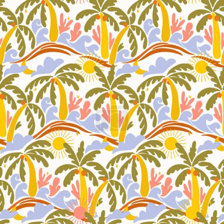 Beautiful old style 50s 70s retro floral seamless pattern with colorful palms waves. Stock surfing illustration.
