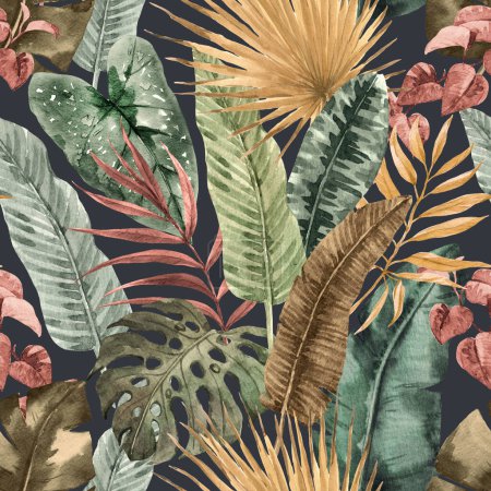 Téléchargez les photos : Beautiful seamless pattern with watercolor colorful tropical palm leaves. Stock illustration. - en image libre de droit