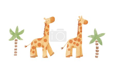 Téléchargez les photos : Beautiful stock clip art set with watercolor cute safari giraffe animals. Illustration for baby. - en image libre de droit