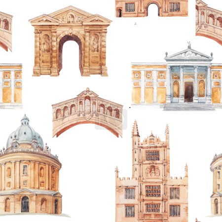 Téléchargez les photos : Beautiful seamless patrtern with watercolor Oxford historical sites. Stock illustration. - en image libre de droit