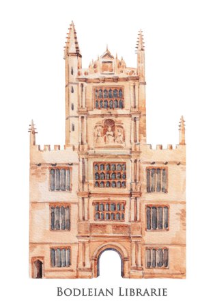 Téléchargez les photos : Beautiful stock illustration with watercolor old building. Historical site Oxford Bodleian library. - en image libre de droit