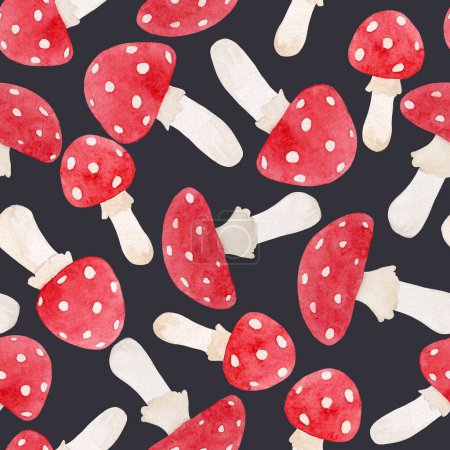 Foto de Beautiful seamless pattern with watercolor fly agaric mushroom. Stock illustration. - Imagen libre de derechos