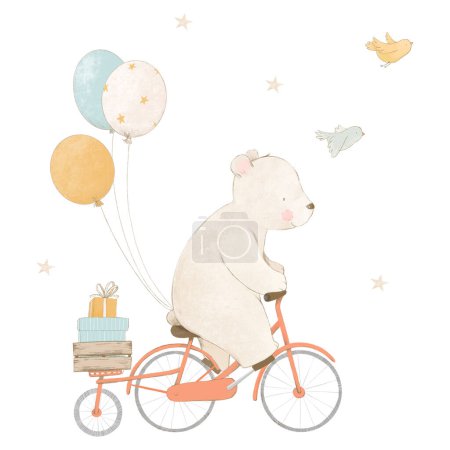 Photo for Beautiful baby stock illustration with cute watercolor animal on bike. Stock clip art. - Royalty Free Image