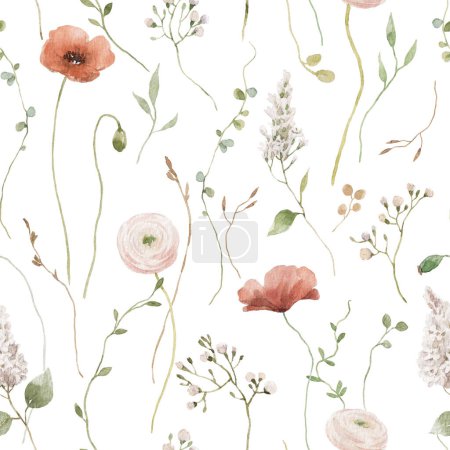 Beautiful floral seamless pattern with watercolor wild herbs and flowers. Stock illustration.