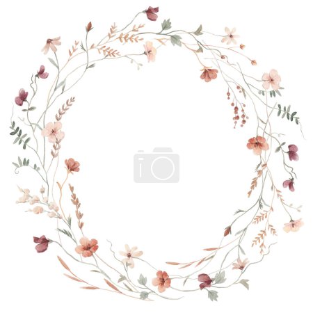 Beautiful floral frame with watercolor wild herbs and flowers. Stock illustration.