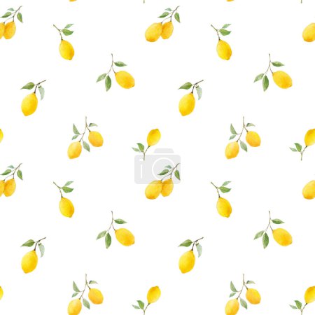 Beautiful seamless pattern with watercolor yellow lemons and flowers. Stock illustration.