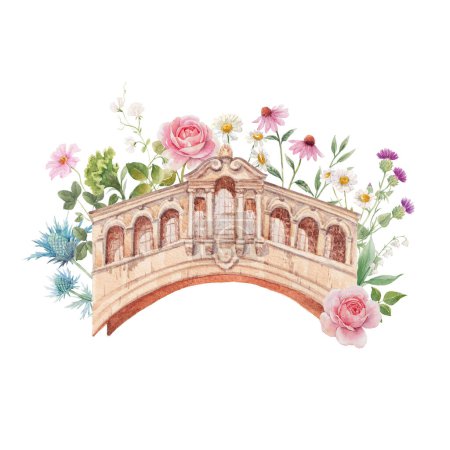 Téléchargez les photos : Beautiful stock illustration with watercolor old building. Historical site Oxford bridge of sighs. - en image libre de droit