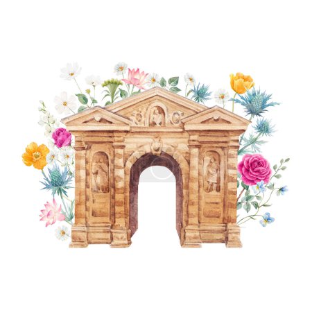 Téléchargez les photos : Beautiful stock illustration with watercolor old building. Historical site Oxford Botanic garden. - en image libre de droit