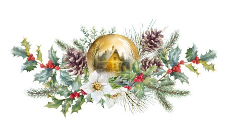 Photo for Beautiful christmas composition with watercolor glassglobe with fir cones branches and holly with red berries. Stock clip art illustration. - Royalty Free Image