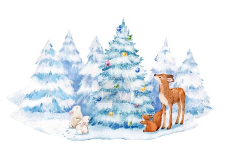 Téléchargez les photos : Belle illustration heureuse de nouvelle année avec arbre de Noël. Illustration clip art. - en image libre de droit