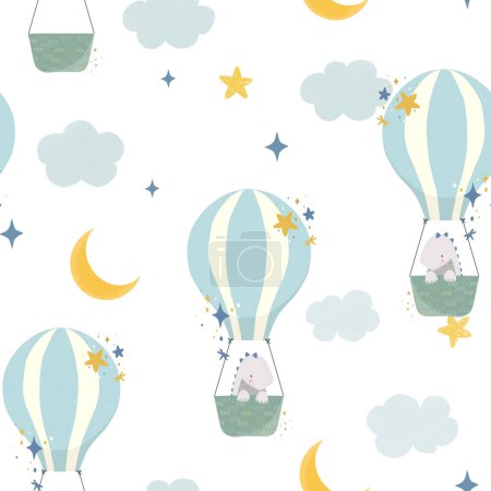 Foto de Hermoso patrón sin costuras para niños condinosaurios lindos que vuelan en globos aéreos con estrellas y nubes. Ilustración general. - Imagen libre de derechos