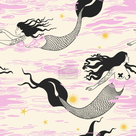 Photo for Beautiful seamless pattern with hand drawn gentle mermaids in the sea. Stock illustration. - Royalty Free Image