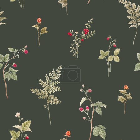 Photo for Beautiful seamless pattern with hand drawn watercolor forest plants with leaves and berries. Stock illustration. - Royalty Free Image