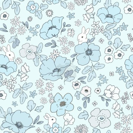 Photo for Beautiful seamless pattern with cute colorful abstract flowers and white rabbits - Royalty Free Image