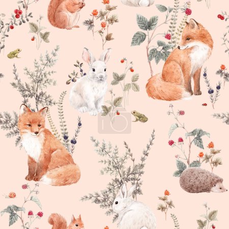 Photo for Beautiful seamless pattern with hand drawn watercolor forest animals and plants. Stock illustration. Popular design. - Royalty Free Image
