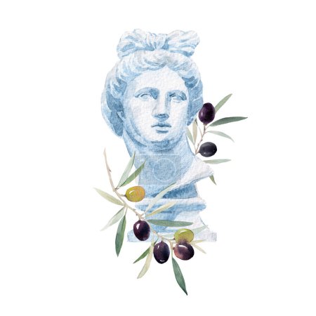 Photo for Beautiful composition with antique statue bust of the Greek goddess Aphrodite. Stock clipart watercolor illustration. - Royalty Free Image