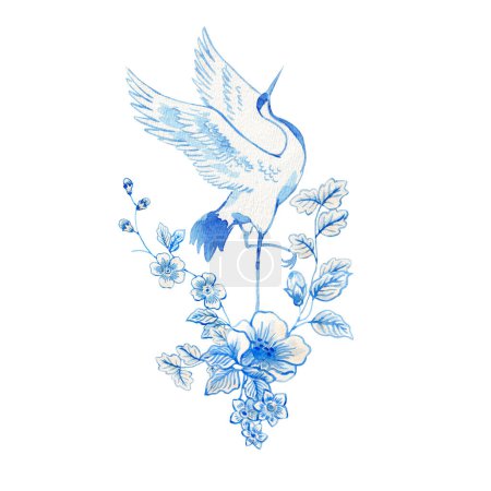 Foto de Hermosa composición floral con acuarela salvaje azul y blanco hierbas y flores y aves grúa. Ilustración general. - Imagen libre de derechos