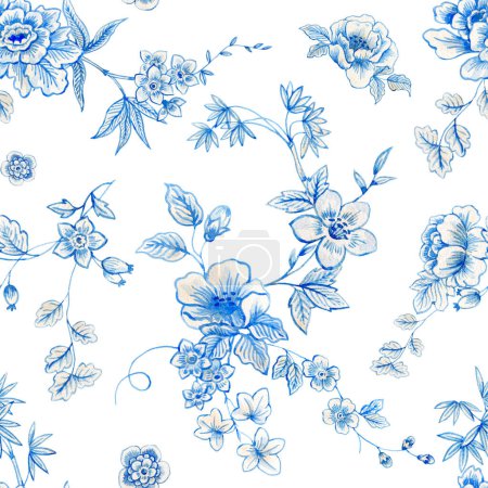 Photo for Beautiful floral seamless pattern with watercolor wild blue and white herbs and flowers. Stock illustration. - Royalty Free Image