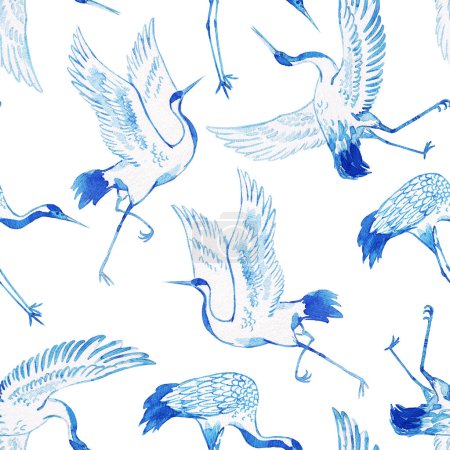 Téléchargez les photos : Magnifique motif sans couture avec des oiseaux de grue aquarelle. Illustration de stock. - en image libre de droit