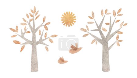 Photo for Gentle autumn kids composition with little trees and sun. Stock illustration. - Royalty Free Image