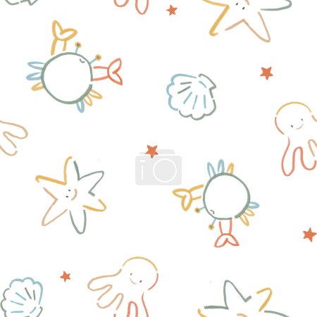 Photo for Beautiful kid's seamless pattern with cute sea little animals such as octopus, shell, starfish and crab. Stock children's design for textile, gift wrapping and wallpapers. - Royalty Free Image