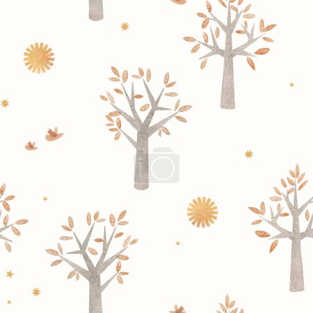 Photo for Gentle autumn kids seamless pattern with hand drawn little trees and sun. Stock floral design for textile, gift wrapping and wallpaper - Royalty Free Image