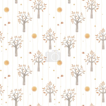 Photo for Gentle autumn kids seamless pattern with hand drawn little trees and sun. Stock floral design for textile, gift wrapping and wallpaper - Royalty Free Image