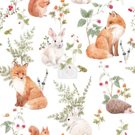 Beautiful seamless pattern with hand drawn watercolor forest animals and plants. Stock illustration. Popular design.-stock-photo