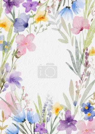 Photo for Beautiful floral frame with watercolor summer flowers. Stock clip art. Invitation card. - Royalty Free Image